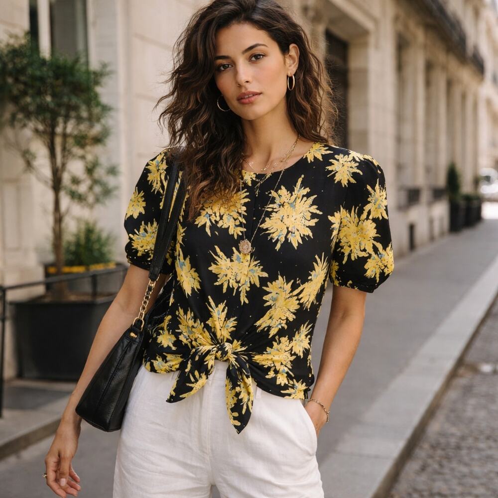 Proenza Schouler Women's tie waist Blouse in Black Yellow Floral Size 8